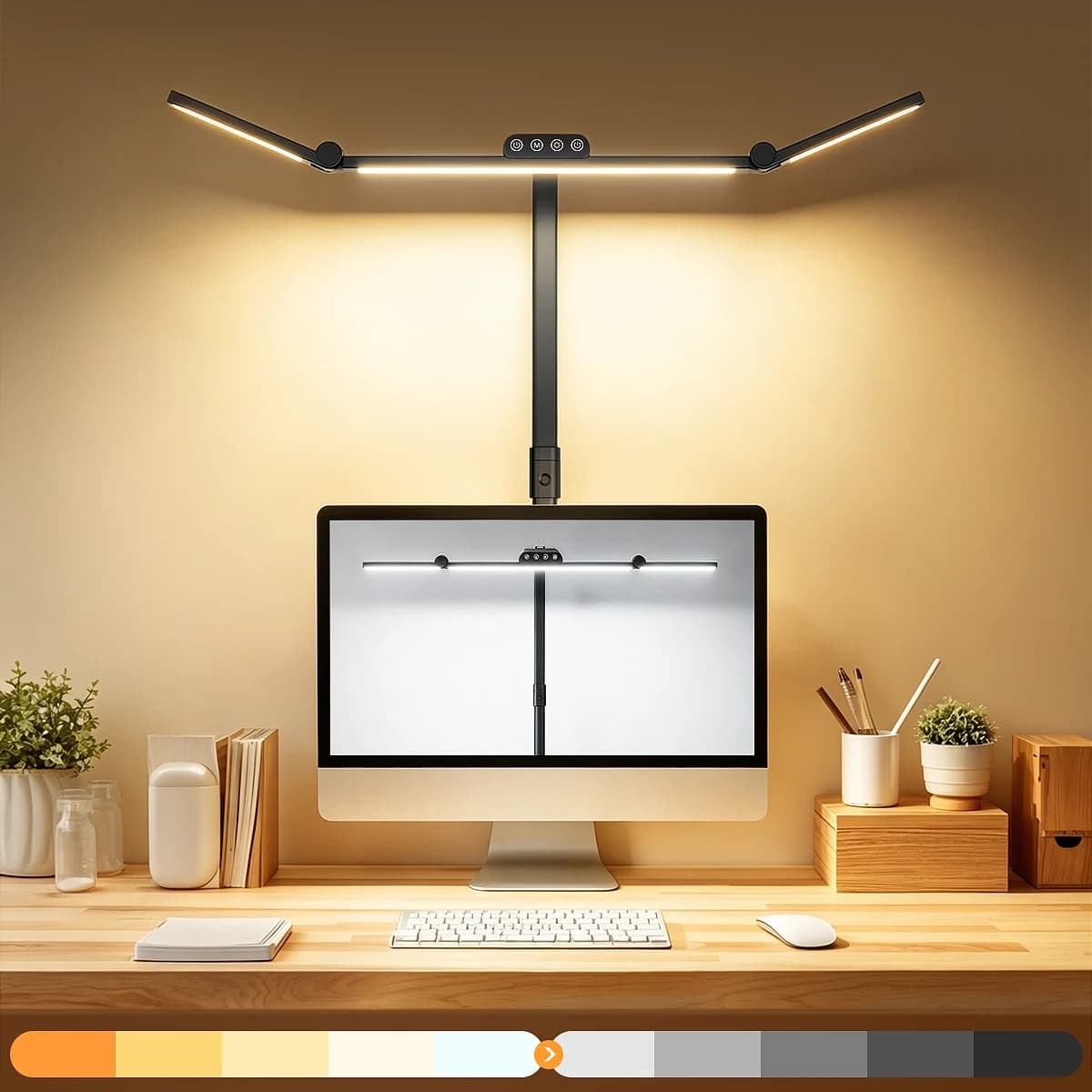 Three Head LED Table Light with Base & Clamp, High CRI Eye Care 5 Color Modes Dimmable Timing Adjustable Multi Angle Wide Illumination Desk Lamp for Dual Monitor Office Study Bedroom Reading