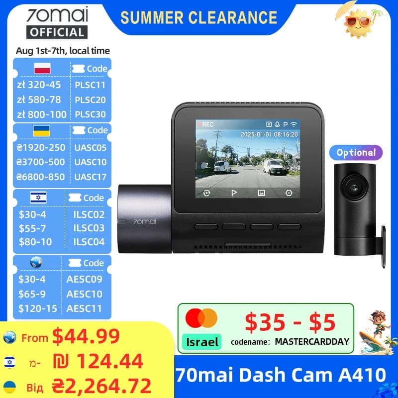 70mai Dash Cam A410 Front 1440P Rear 1080P Car DVR Upgraded Ver. of 70mai A400 Car Recorder 24H Parking Mode Support Max 256GB
