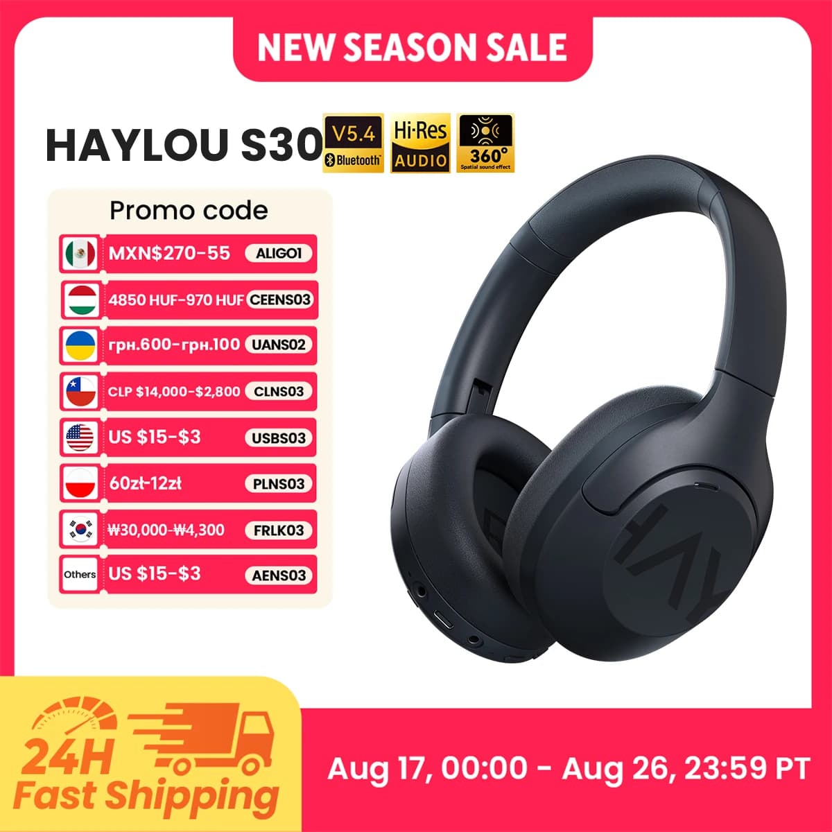 HAYLOU S30 Wireless Bluetooth 5.4 Headphones 43dB Adaptive Noise Cancelling Headsets 40mm Driver 80H Playtime Earphones