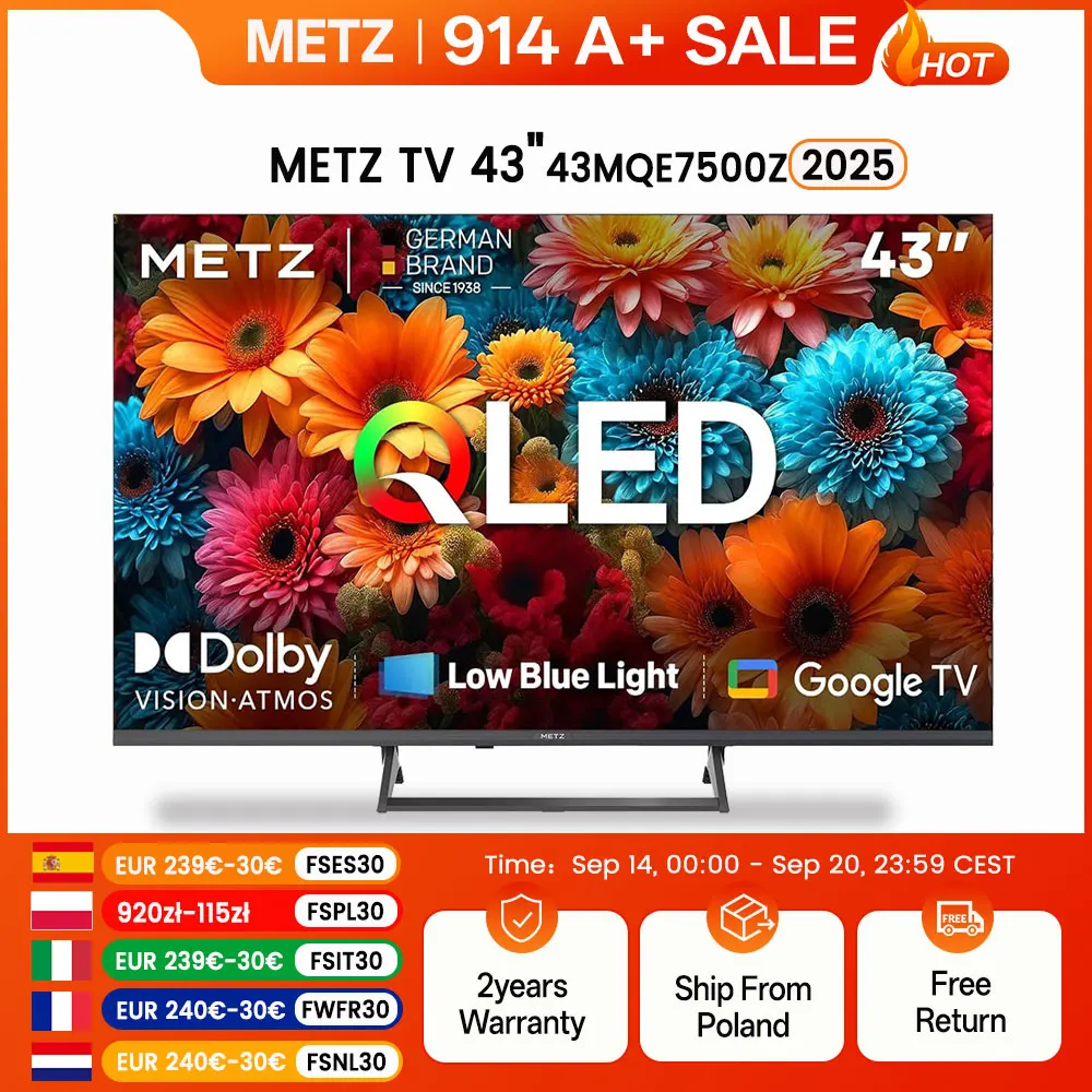 Metz Qled 43 Inches 4K Smart Led Tv Google Tele Hdr 10 Memc Dbx Dolby Atmos Game Hub Eyecare Tuner 2025 43Mqf7500Z