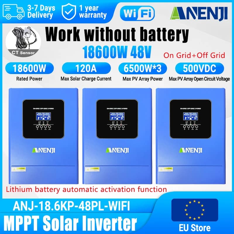 ANENJI 18.6KW 48V Hybrid Solar Inverter 230VAC Parallel On Grid Pure Sine Wave 120A MPPT Solar Charger PV 500VDC with CT Sensor
