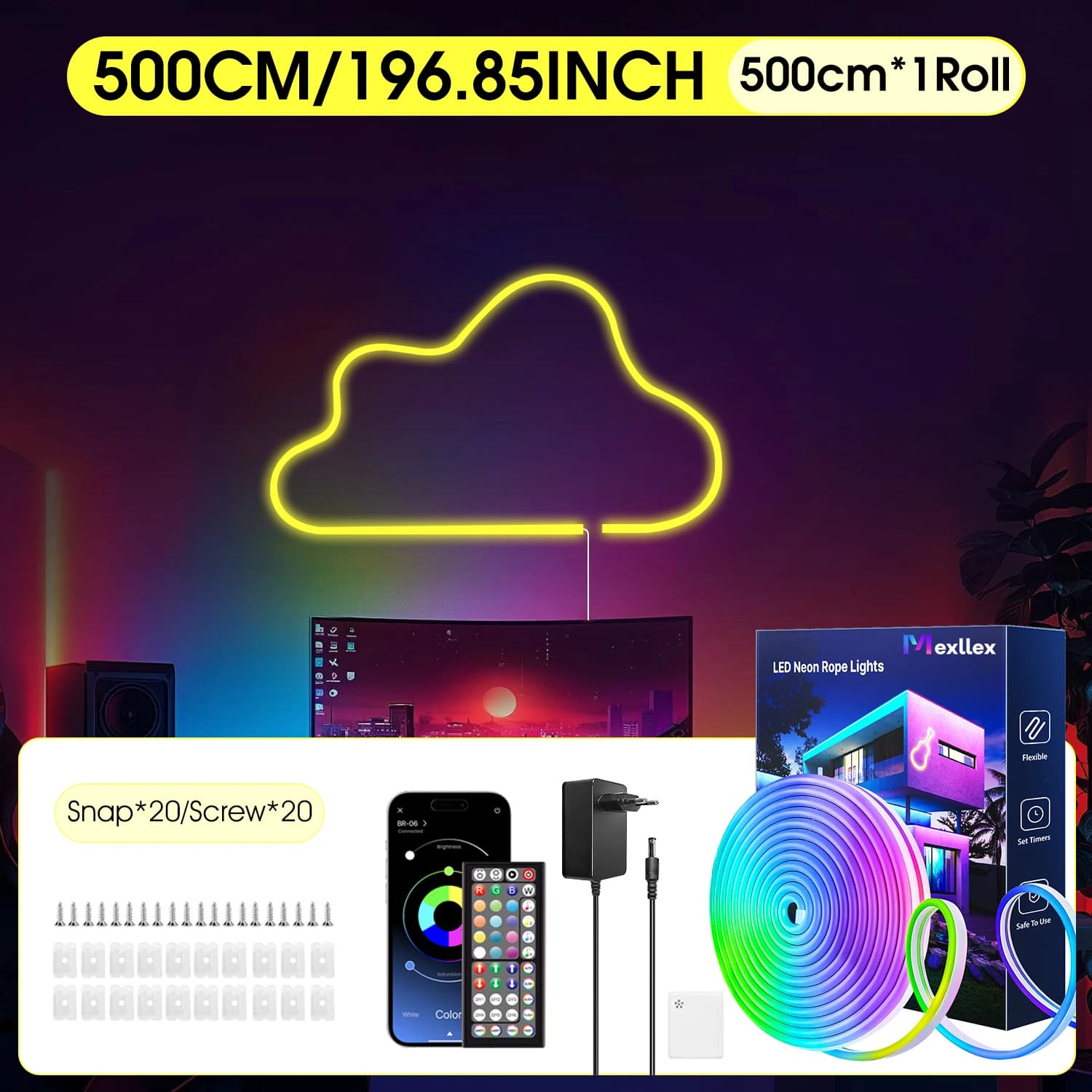 Aiopp Flexible RGB LED Neon Strip Light Indoor with APP & Remote,Timing Music Sync Waterproof Silicone Rope Lamp for Bedroom Garden Party Decor
