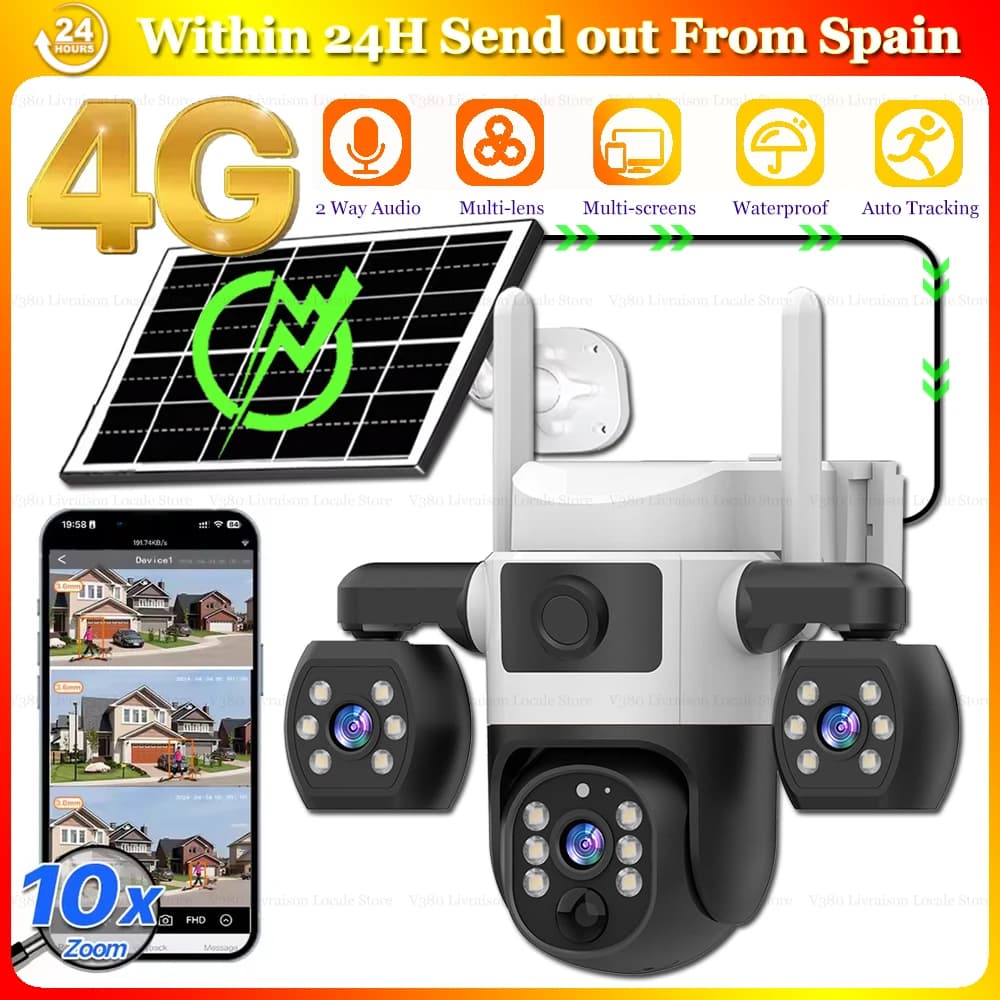 4G Solar Cameras with SIM Card Free 100M Data Smart Home 360 Remote PTZ Monitor Outdoor Waterproof Security Protection Wireless HD Night Vision Built-in Battery 3 Lens IP CCTV Camera