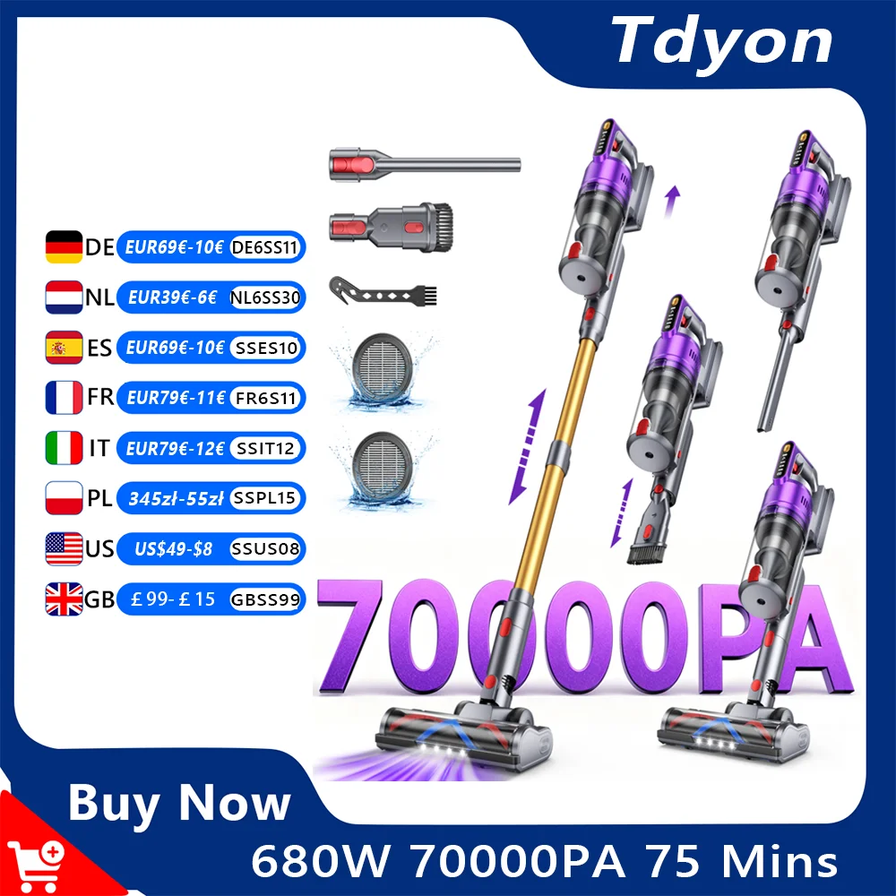 Tdyon Nova 680W 70000PA Cordless Vacuum Cleaner 75mins Long Runtime Removable Battery Self-Standing Wall Charging Vacuum Cleaner