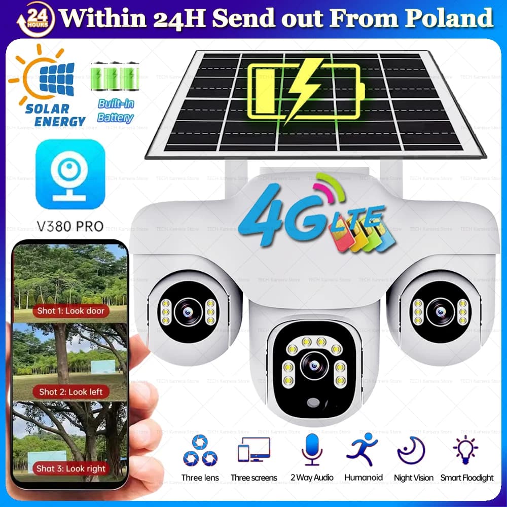 4G Solar Camera 3 PTZs Lens 360 Rotation Auto Tracking Human Detection Home Security Protection IP Wireless Outdoor CCTV Camera 4G Surveillance Monitor