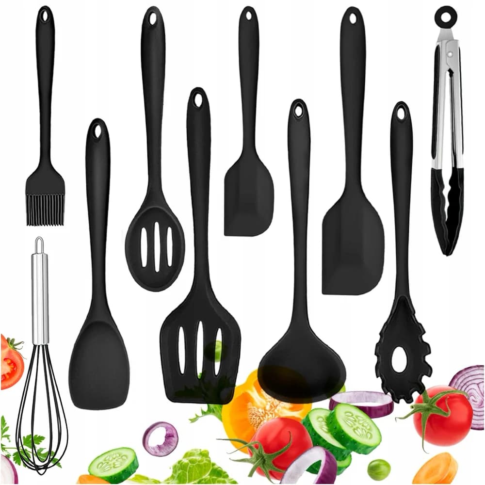 Silicone Kitchen Utensils Set 10 Pieces XXL Black for Teflon Non Stick Cookware Spoon Spatula Multi Purpose Home Cooking Practical Reliable Modern Sleek Design BPA Free Food Safe Everyday Kitchen Set Solution