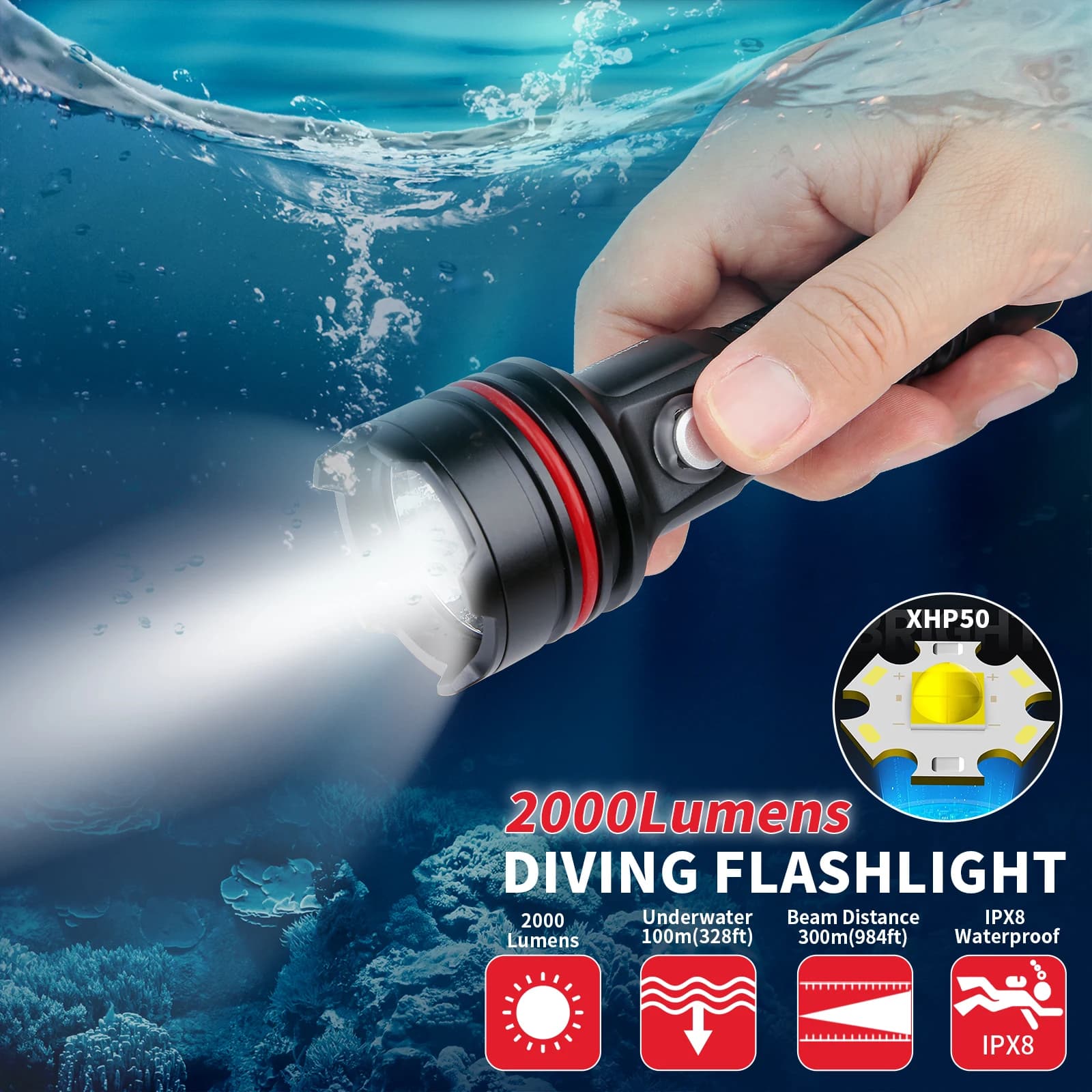 14S 2000 Lumens Underwater Flashlight with Hook and Loop Straps - 6 Modes Super Bright Diving Torch, USB-C Rechargeable, IP68 328FT for Dive Light Scuba Diving, Night Diving & Snorkeling