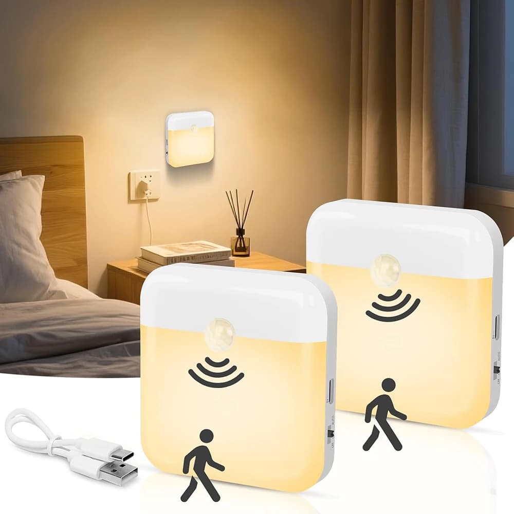 2PCS Motion Sensor Light LED Type C Rechargeable Wireless Night Light For Bedroom Staircase Hallway Indoor Lighting Closet Light