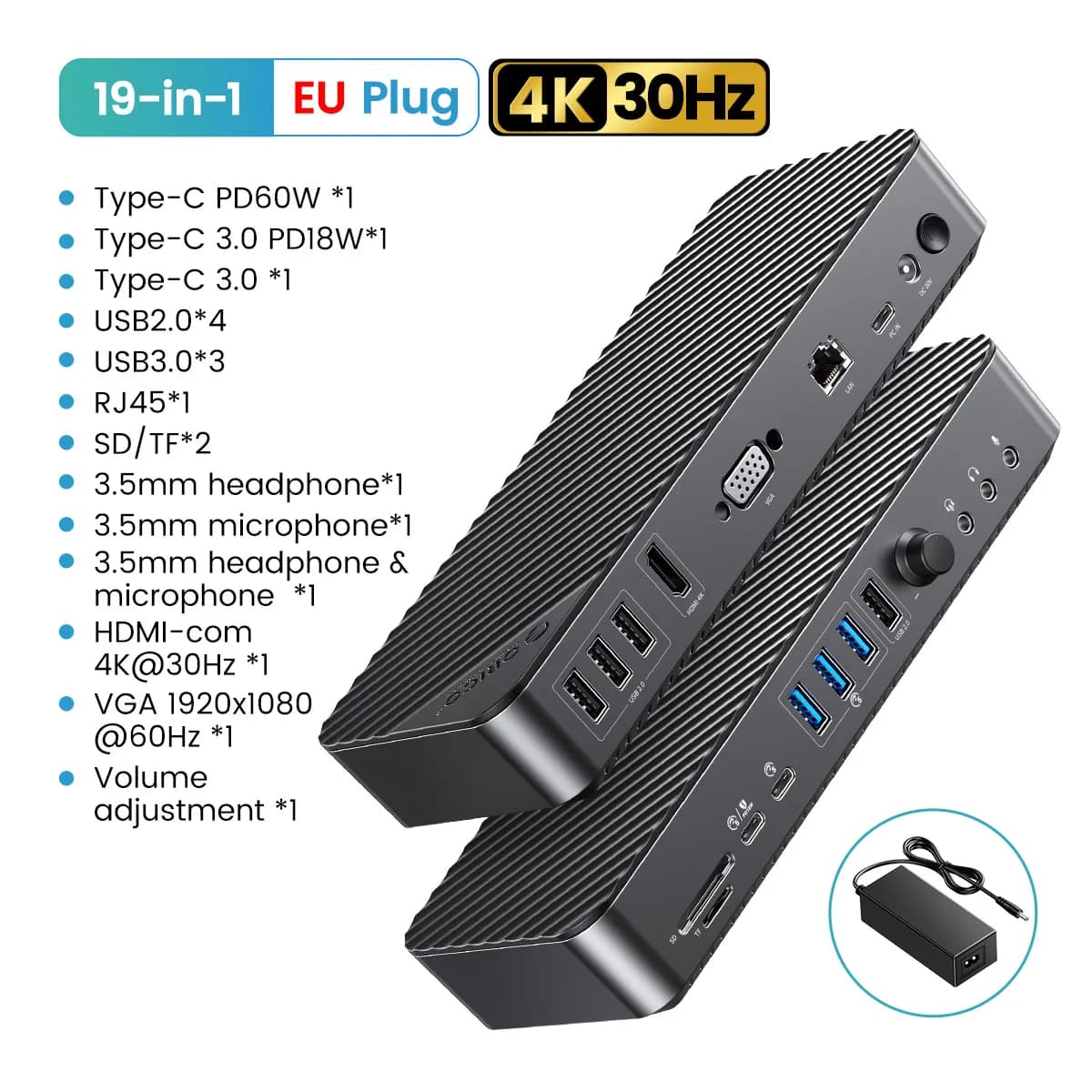 ORICO 19 in 1 Desktop Docking Station Type C to 4K HDMI-Com VGA 3.5mm Audio RJ45 PD USB 3.0 HUB with Volume Adjust Power Adapter