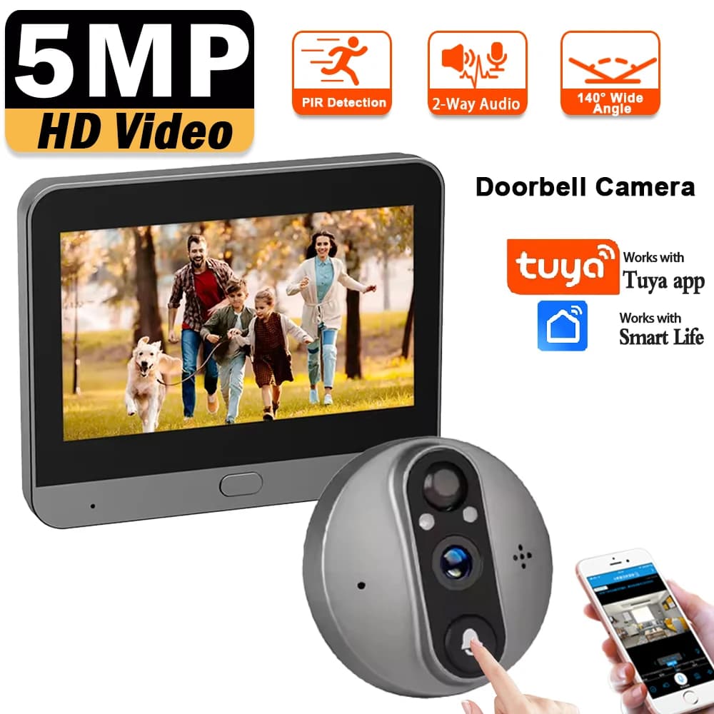 4.3 Inch Tuya Smart Life 5MP Magic Peephole Eye Digital Door Viewer Battery Powered 2.4Ghz WiFi PIR Detection Doorbell Camera
