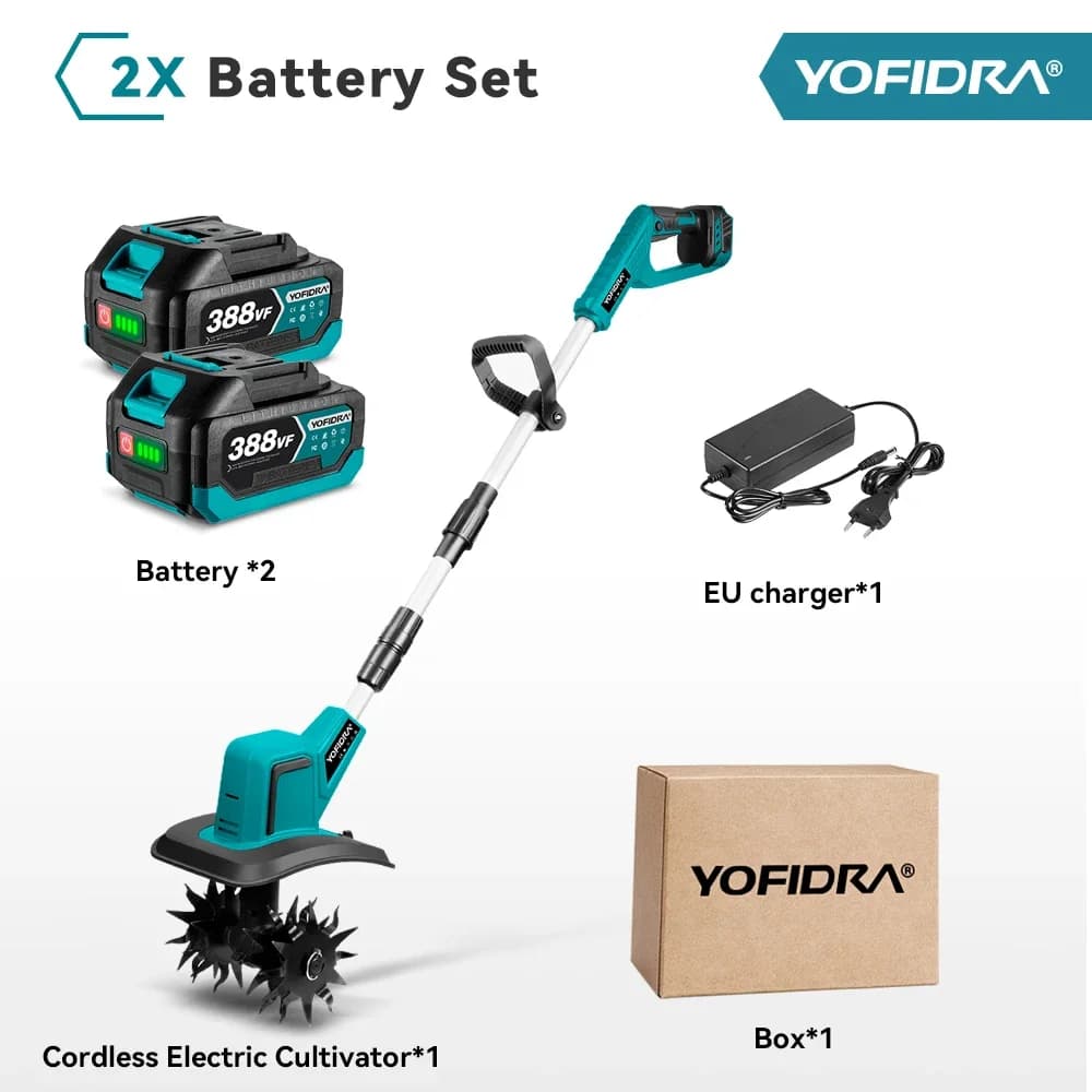 YOFIDRA Brushless Electric Tiller Cultivator 1500W Garden Portable Cordless Lawn Mower Grass Trimmer Soil Turning Power Tool for Makita Battery Pin