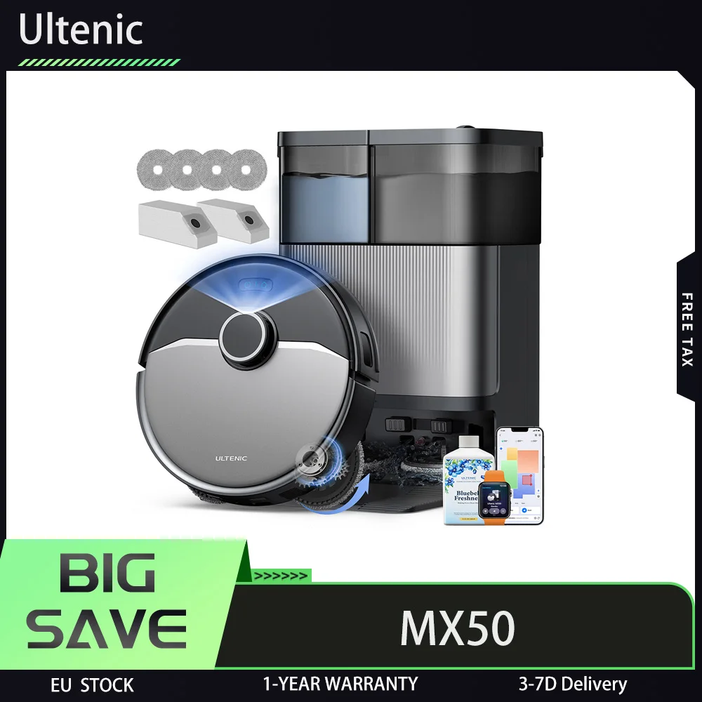 Ultenic MX50 Robot Vacuum and Mop, 20,000Pa Suction, Hot Water Self-Wash & Smart Drying, 90-Day Hands-Free Dust Disposal, LiDAR Navigation, 5-Level Map Storage, Carpet Boost, 300ml Dustbin + 55ml Wate