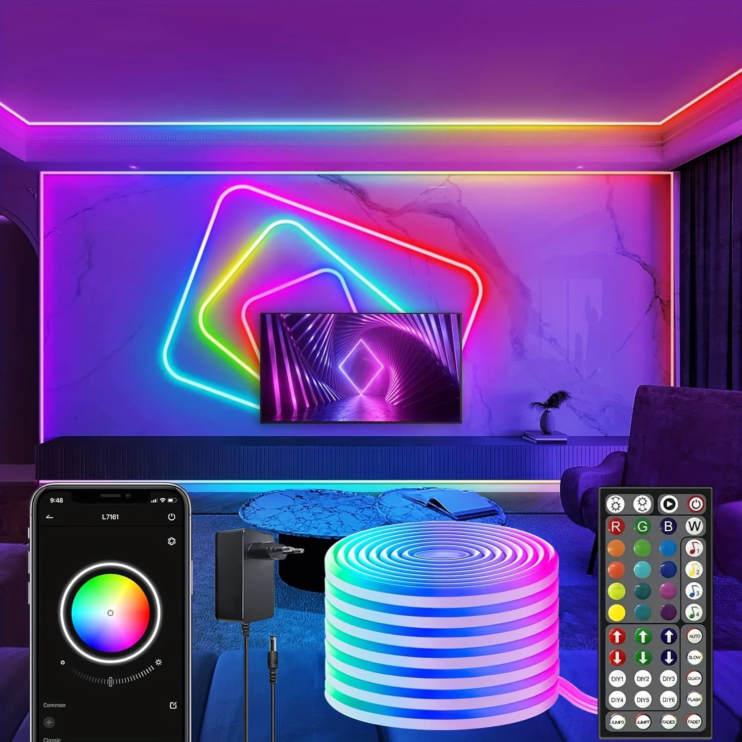 Flexible LED Neon Rope Lights with App/Remote, DIY Design Waterproof Outdoor RGB String Lamp, Music Sync for Bedroom Party