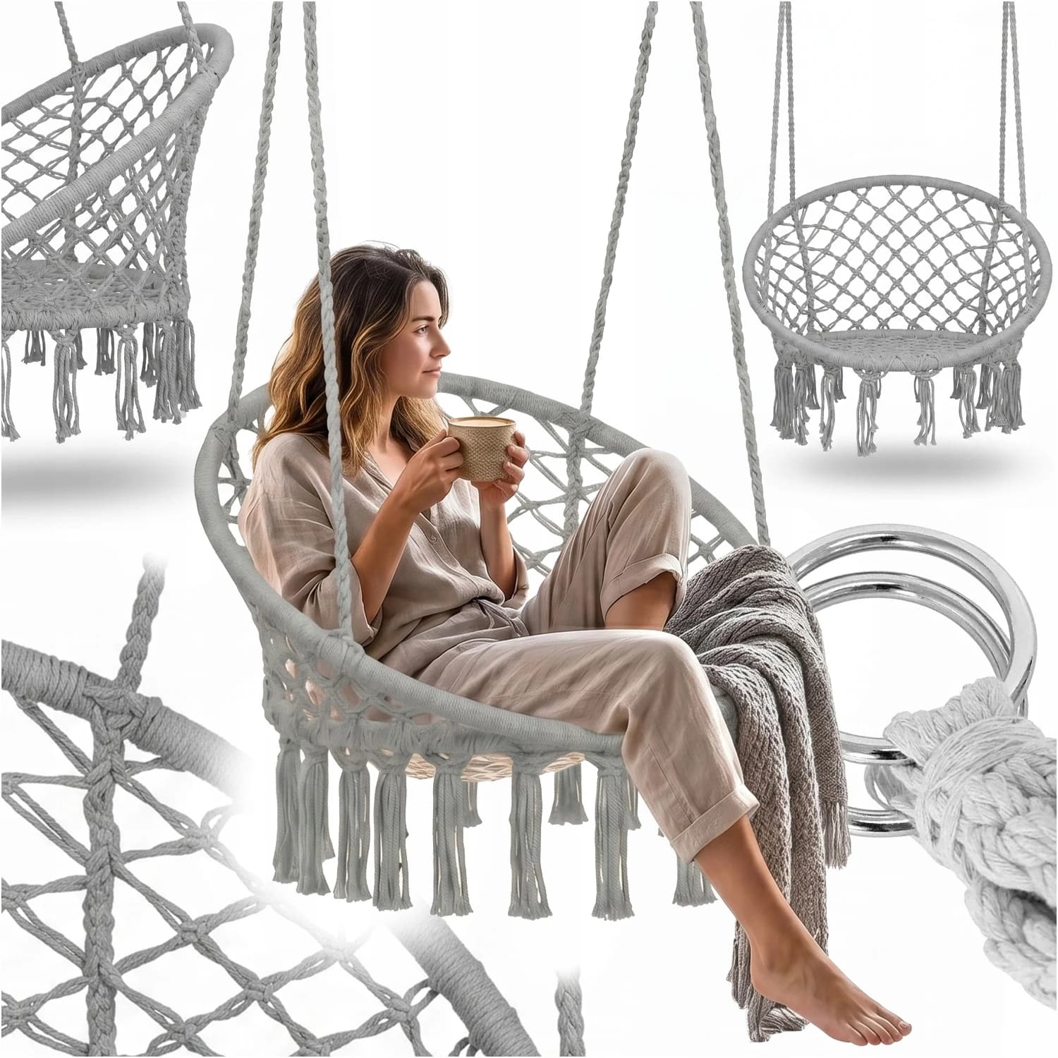 Boho Woven Hanging Chair Nest Swing for Garden Home Terrace Balcony Indoor Outdoor Relaxing Chair with Rope Suspension Adult Kids Comfortable Boho Style Round Nest Design Sturdy Frame Cozy Padded Seat Modern Home Decor