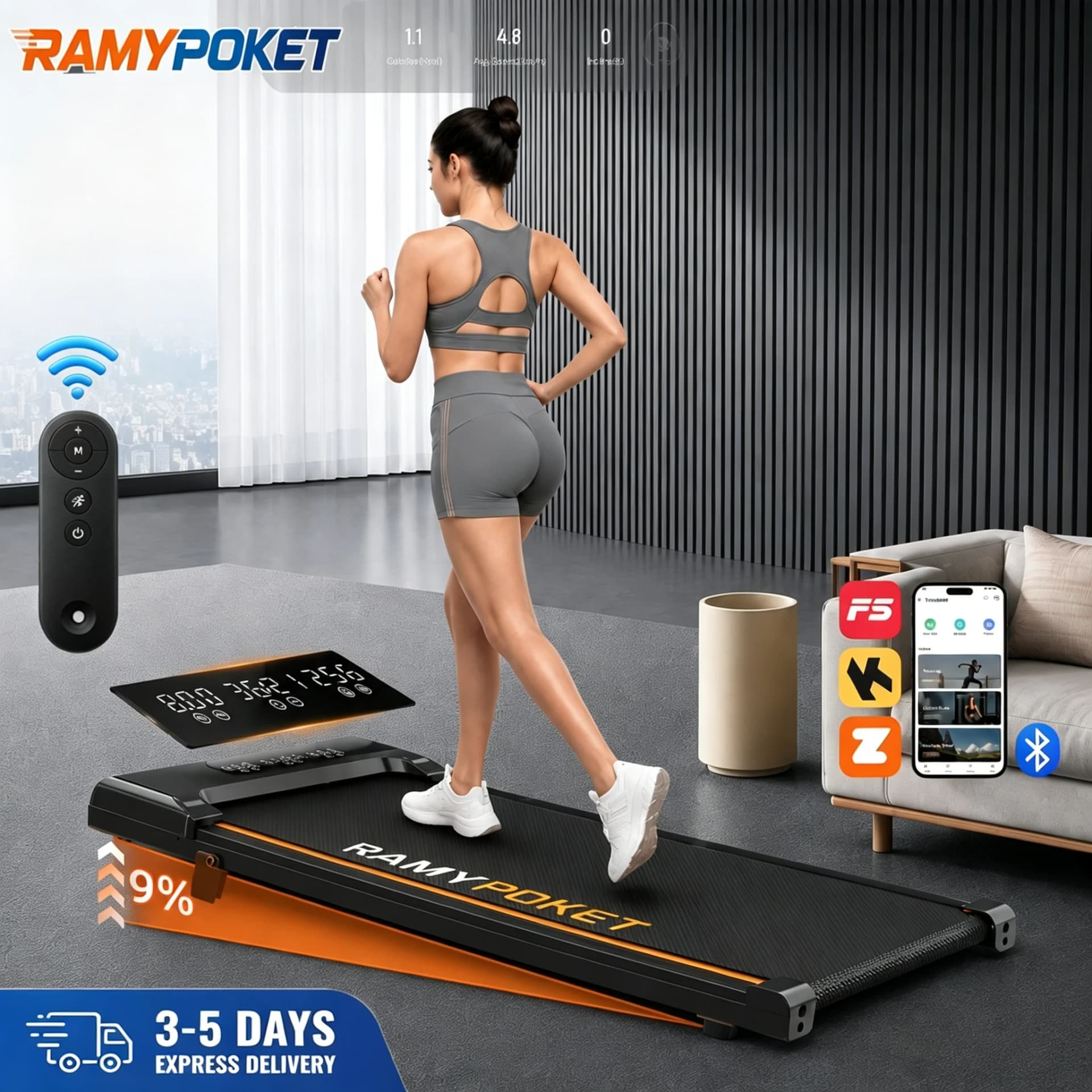 Electric Treadmill Home with 9% Incline,Silent Treadmill App/Led ,1-8Km/H,Max Load 130kg Walking Pad Tread