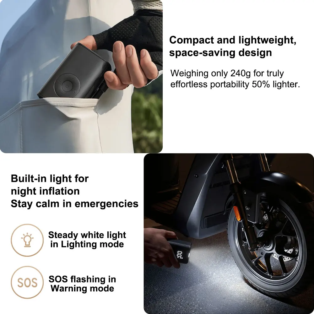 Xiaomi Mijia Compact Portable Electric Air Compressor, Multitool Tire Pressure Detection Air Pump, Portable Electric Inflator, Multiple Preset Modes