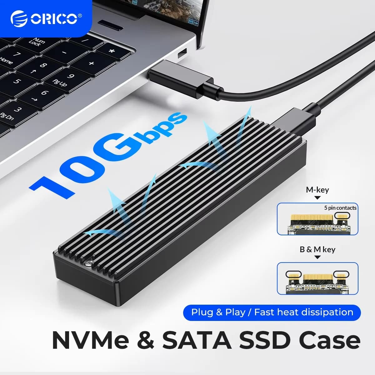 ORICO M.2 NVMe SSD Enclosure, USB 3.1 Gen 2 (10 Gbps) PCIe External Adapter NVMe Case for 2230/2242/2260/2280 M.2 SSD up to 8TB
