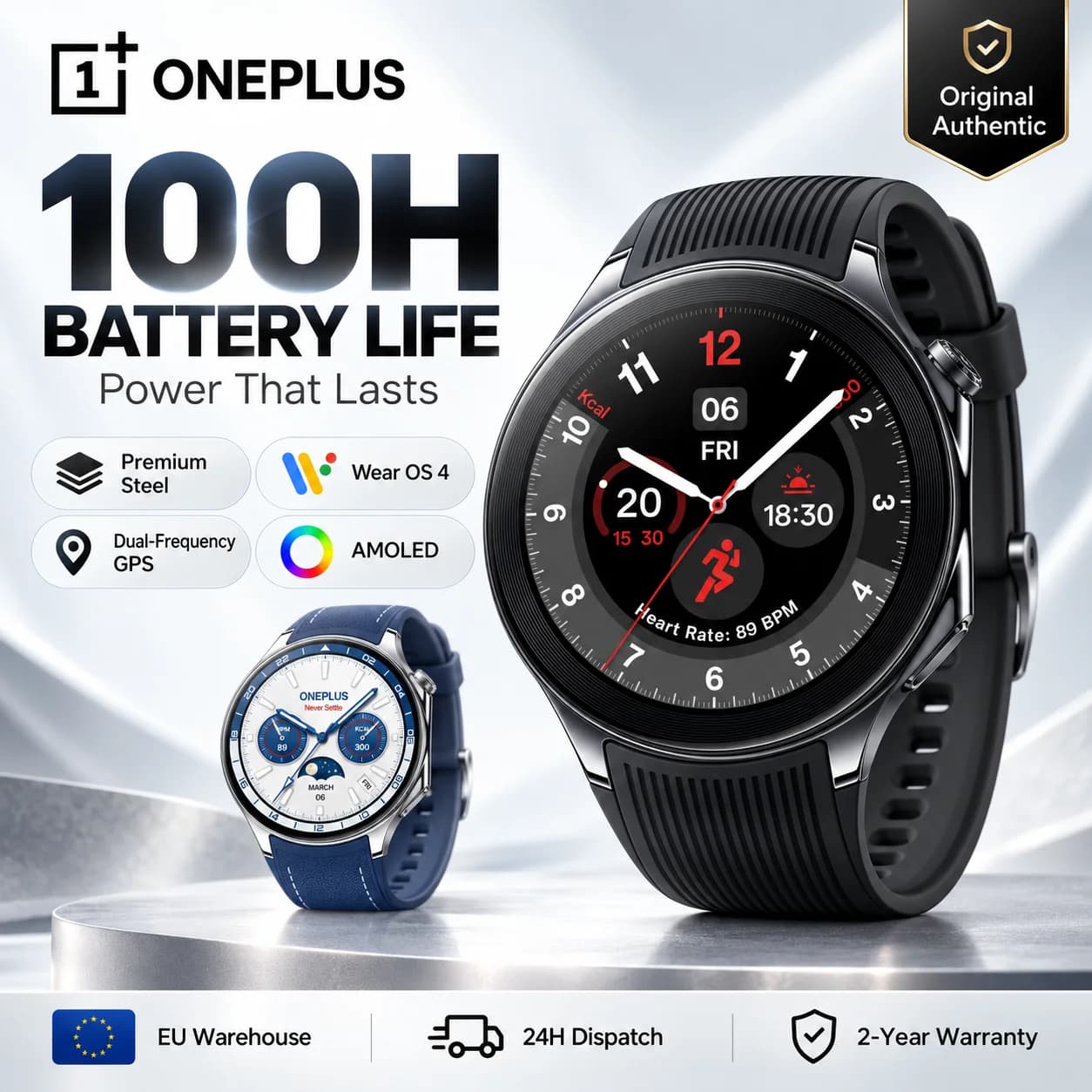 New Smartwatch OnePlus Watch 2 1.43'' AMOLED Screen WiFi GPS IP68 Google Pay