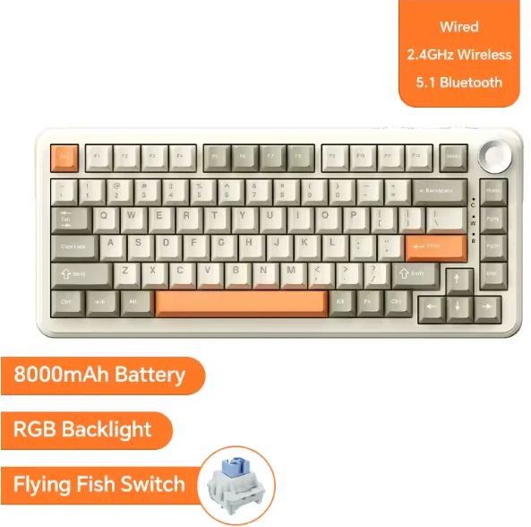 Ajazz AK820 Wired Mechanical Keyboard, 75% Gaming Keyboard with Volume Control Knob, QWERTY Layout, 82 Keys, Five-Layer Sound Insulation Pad, South-Oriented RGB, Full-Key Hot Swap