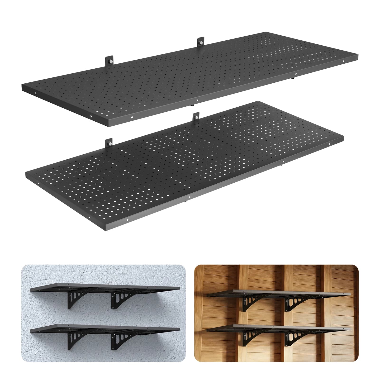SucceBuy 2-Tier Wall Garage Shelving 20x48in/24x36in 280lbs Per Shelf Steel Wall Mounted Floating Storage Metal Rack for Garage
