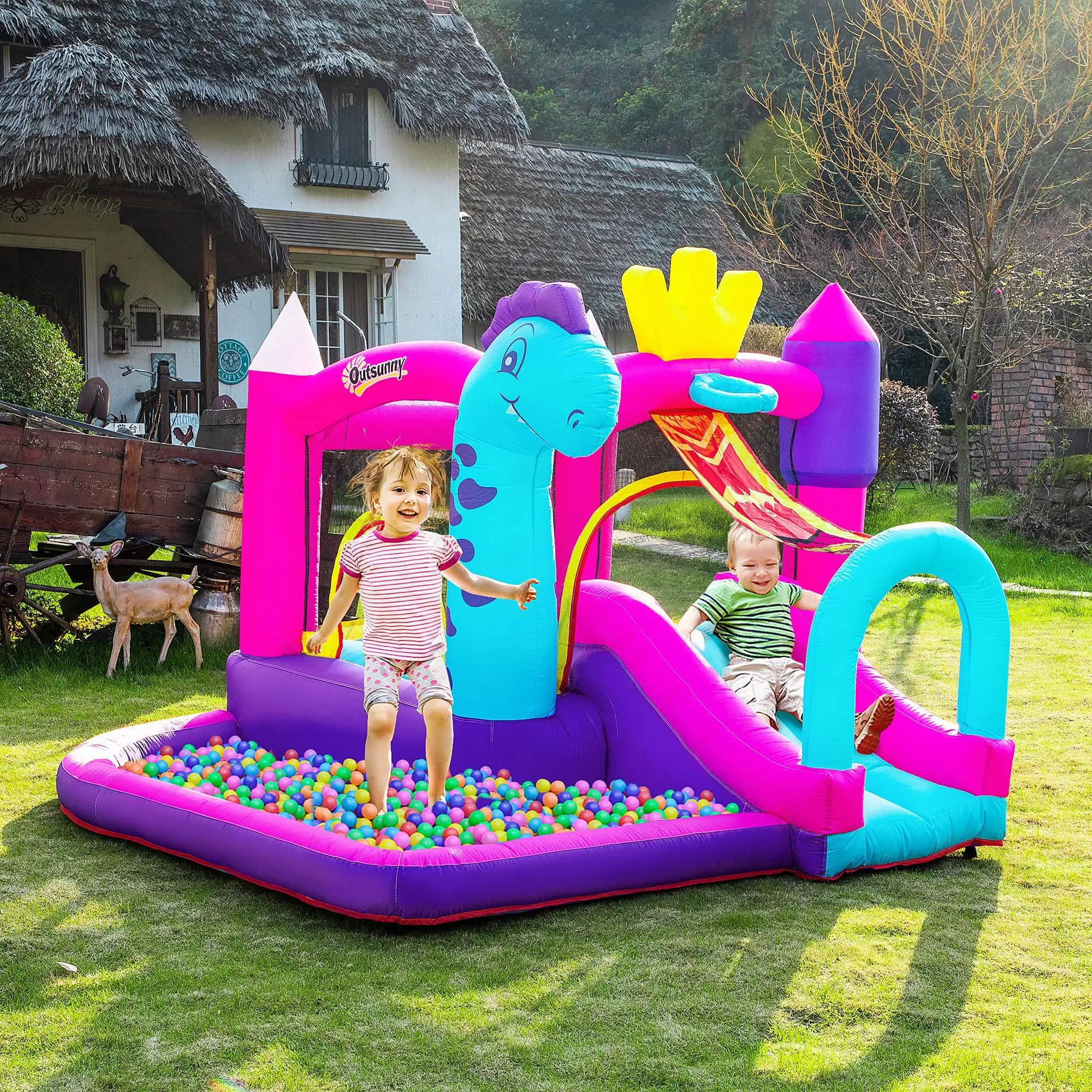 Outsunny Inflatable Castle with Slide, Trampoline, Pool Play Area and Basketball Hoop for up to 3 Children Aged 3+ inflator and Carry Bag Blower 350W included dim. 300L x 270W x 200H cm Multicolor