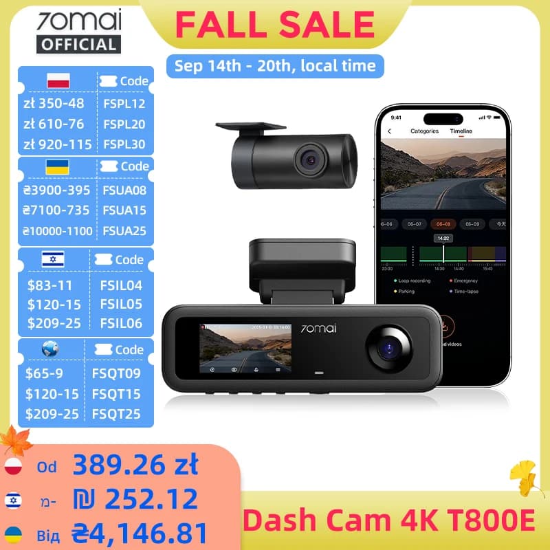 70mai T800E 3-Channel Front 4K + Rear 1080P + Interior 1080P HDR Supercapacitor 24H Parking GPS WiFi 6 70mai T800E Voice Control