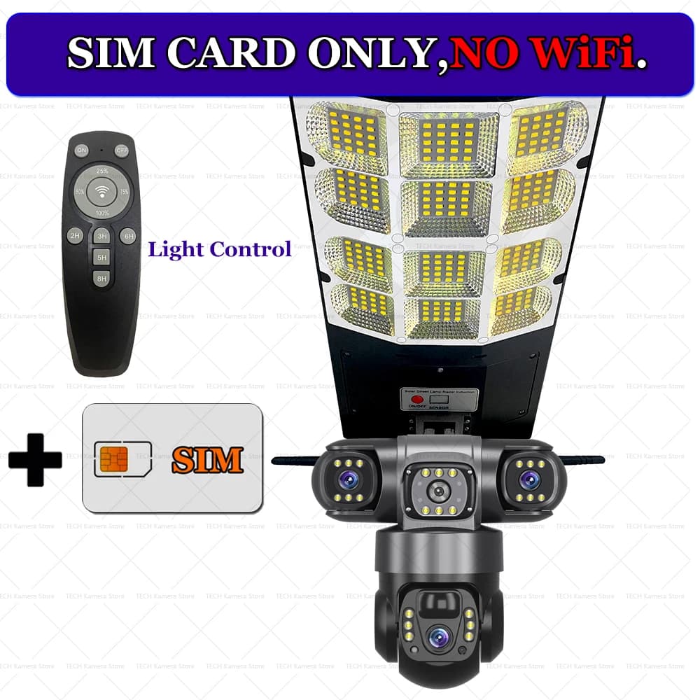4G Solar Cameras Streetlight 2 in 1 3 Lens HD Night Vision Smart Home Security Protection 360 Wireless PTZ Remote Control IP CCTV Cameras Waterproof Gifted SIM Card 100M Rri-lens Solar Surveillance Monitoring