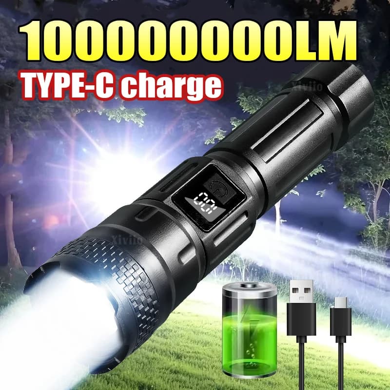 TYPE-C Rechargeable LED Flashlight Most Powerful Flashlight Waterproof Portable Handheld Torch Camping Hiking Emergency Lamp