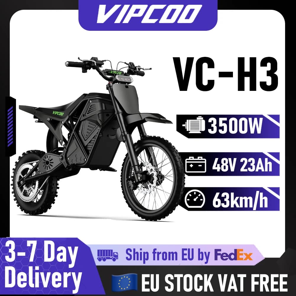 VIPCOO H3 Electric Off-Road Motorcycle 3500W 48V 23AH Electric Dirt Bike with Fat Tires and Nitrogen Suspension for Teenagers and Adults