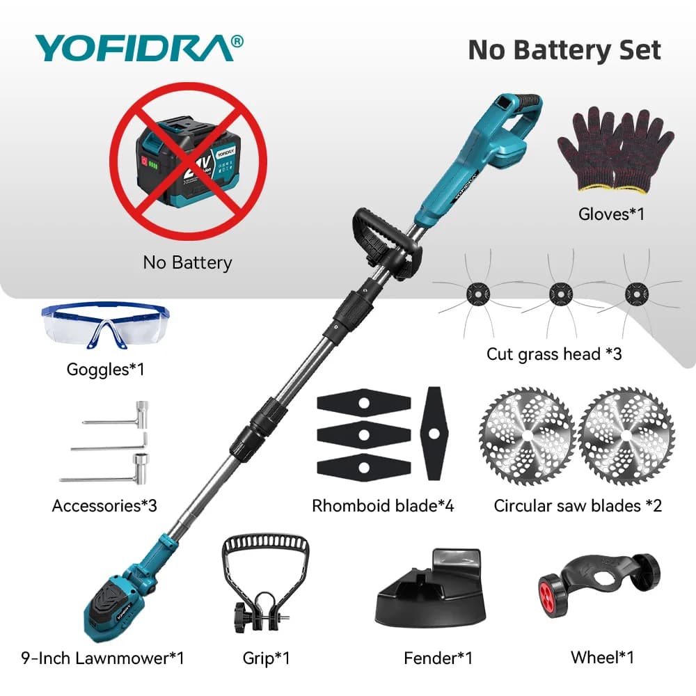 YOFIDRA Brushless 9 Inch Electric Lawn Mower Cordless  Grass Trimmer Anti-Stuck Weed Eater Adjustable Cutting Head Garden Power Tool For Makita 21V Battery Pin