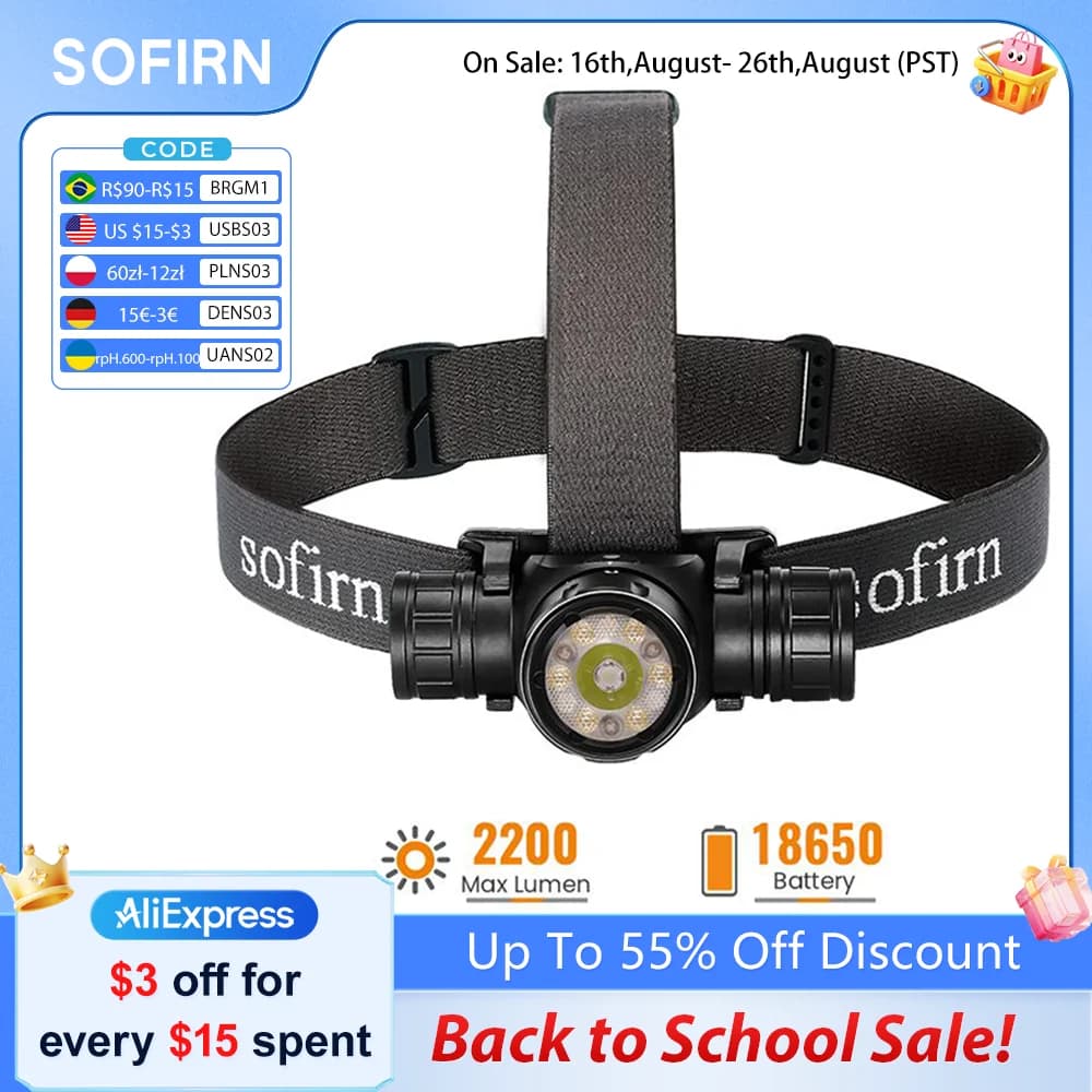 SOFIRN HS21 SFT40 2000lm EDC Red Headlight 18650 USB C Flashlight 6000K Powerful with Infrared Sensor New