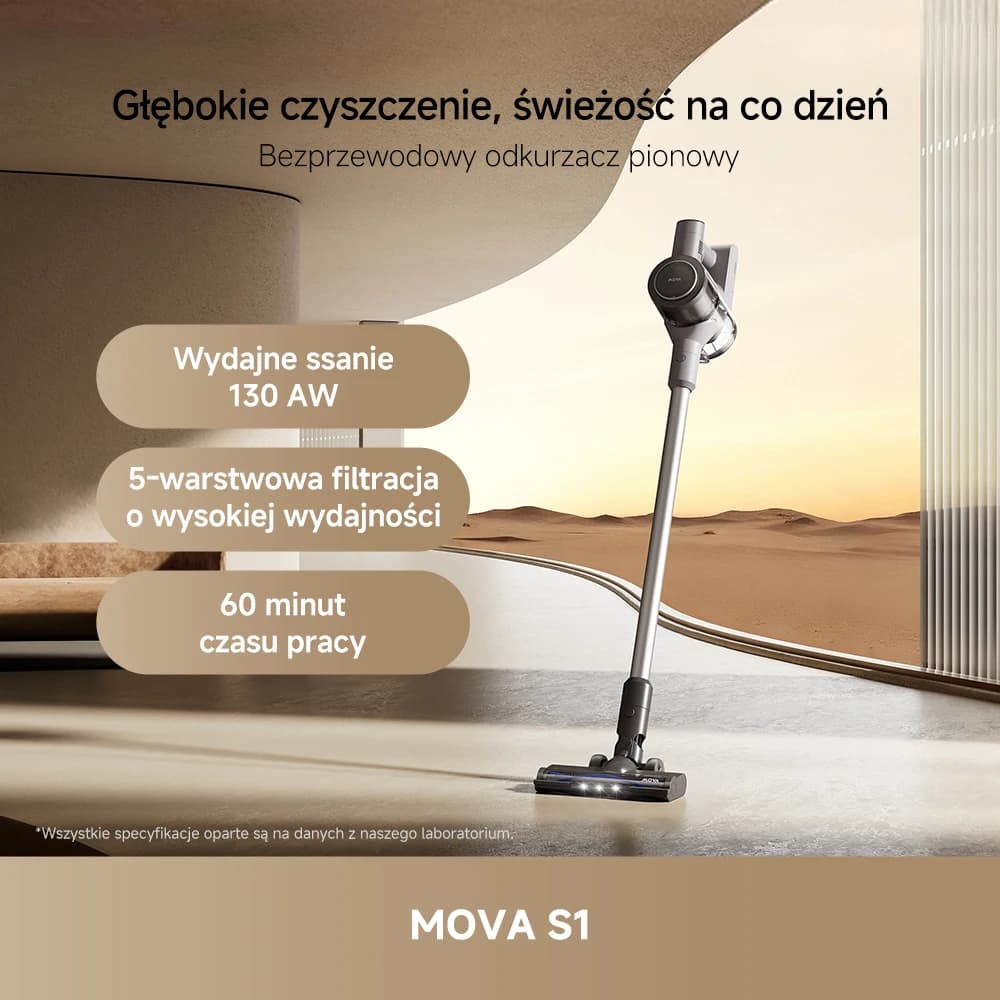 Mova Vacuum Cleaner S1 130Aw 5-Layer Filtration System with 12-Cone Separation 60-Minute Cleaning Time Smart Led Anti-Tangle Dual-Use Brush Specialized Brush Heads & Nozzles