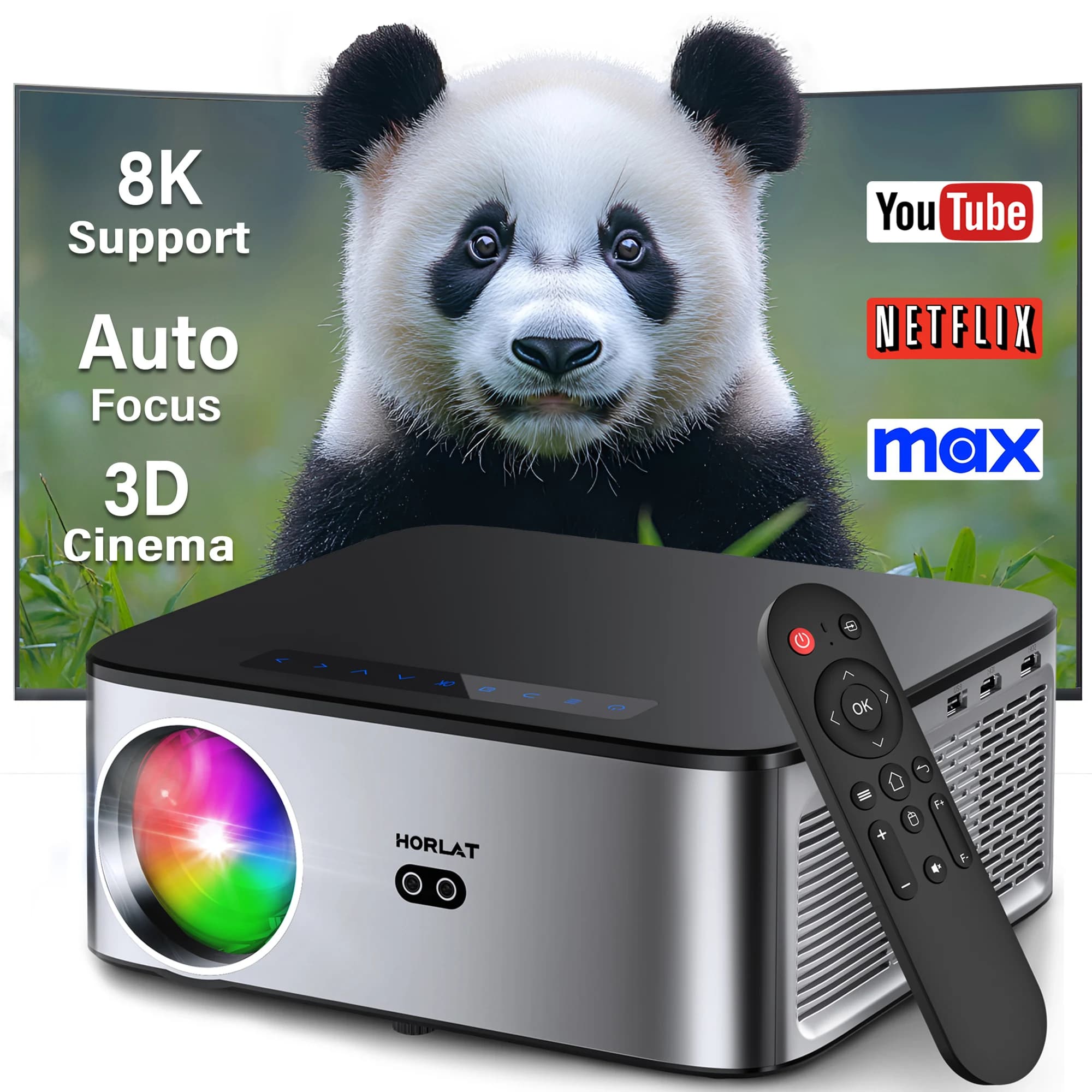 HORLAT 35000Lumens LCD Projector Android Beamer 8K Support 1080P Native Dual Band Wifi 6 Auto Focus Keystone Office Home Theater