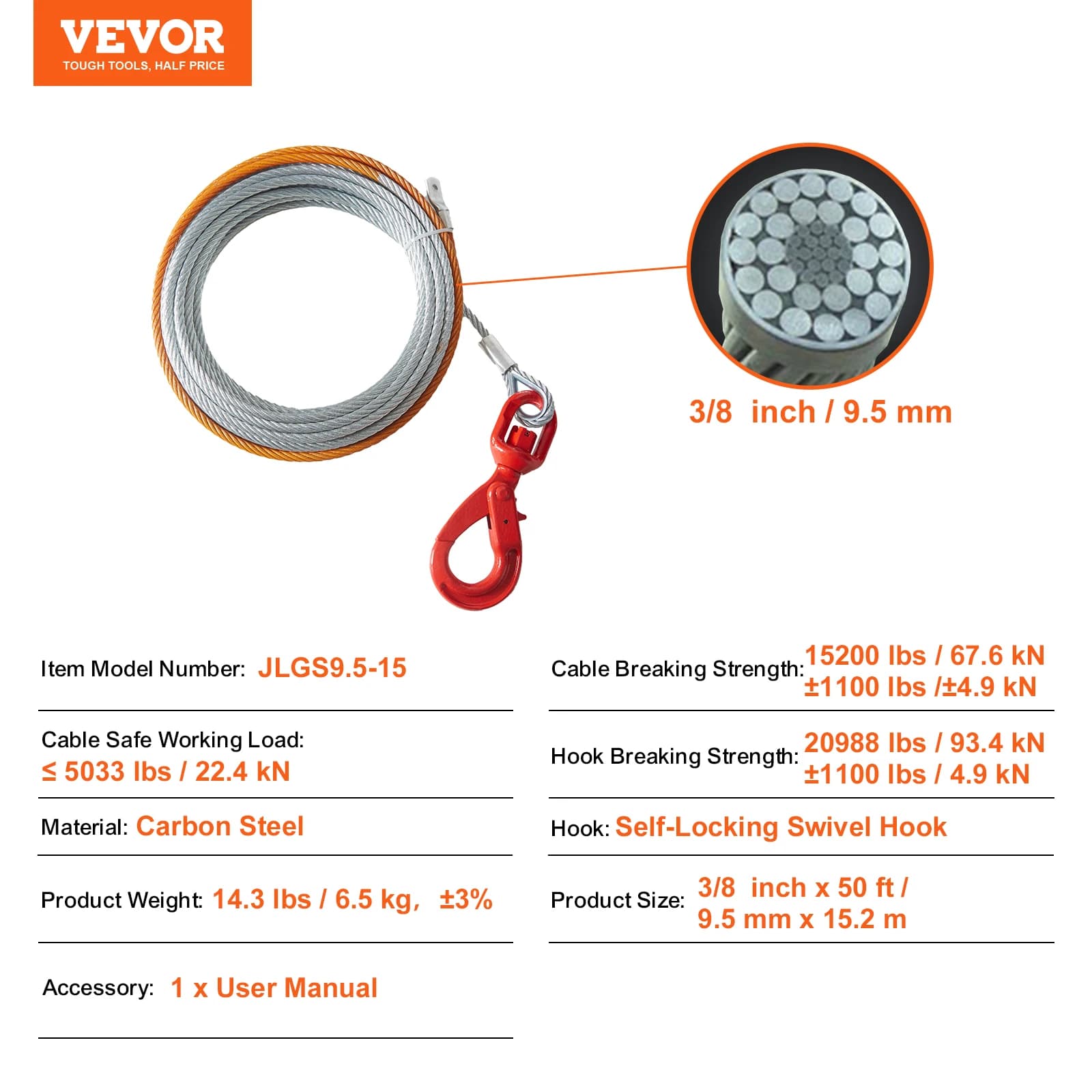 SucceBuy 50/75/100ft Galvanized Steel Winch Cable 3/8in Breaking Strength Wire Winch Rope for SUV Large Off-Road Vehicle