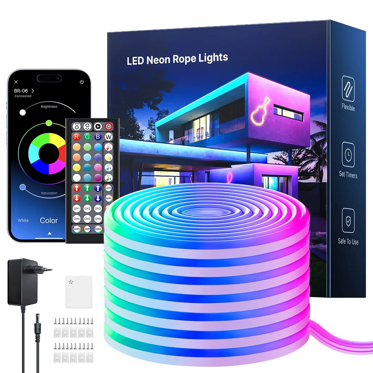 RGB Flexible Neon Strip Lights with App/Remote Control, Multiple Modes, Music Sync,  IP65 Waterproof LED Strip Neon Rope Lamp