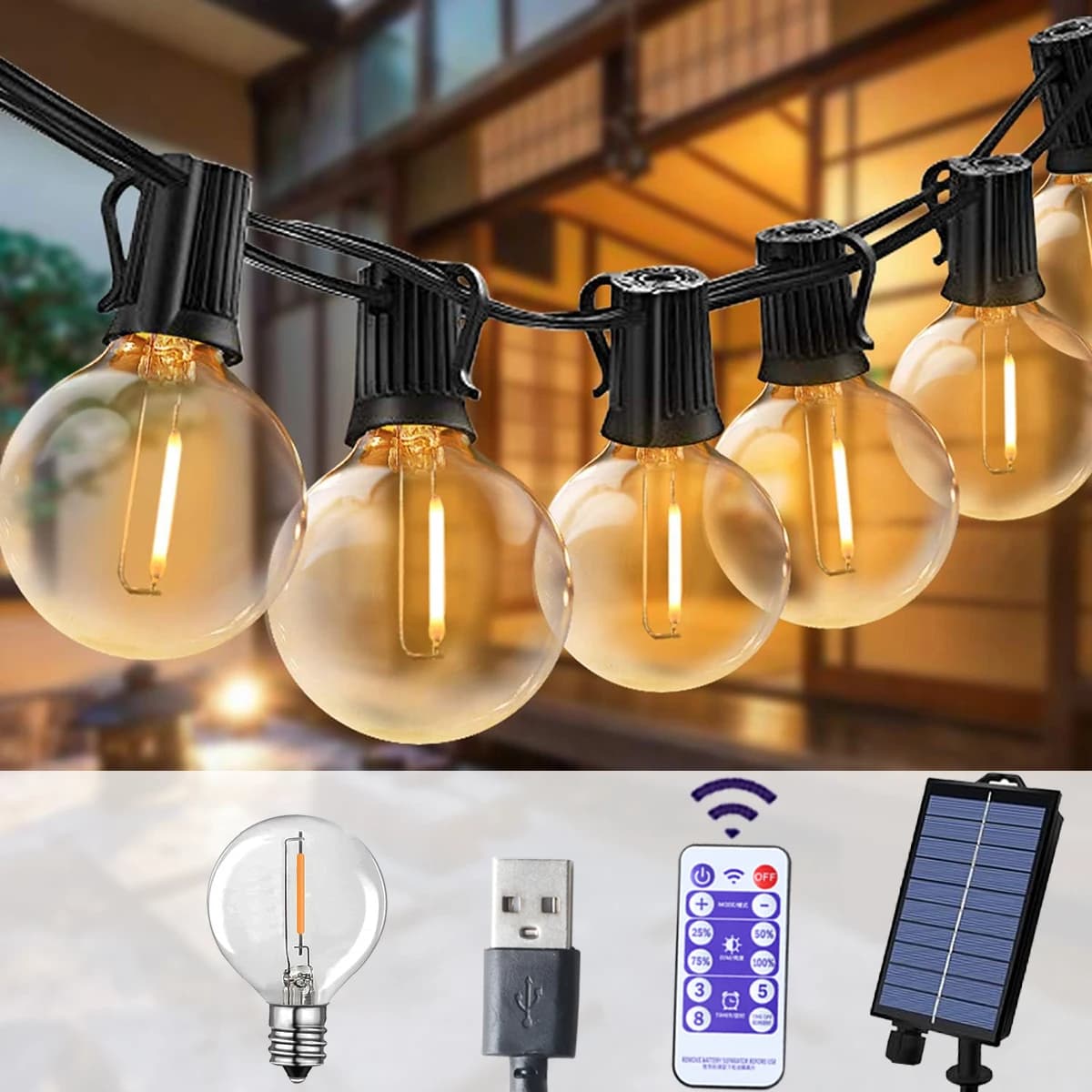 G40 String Lights Solar Festoon LED Patio Lamps Solar Garden Lamps Outdoor For Courtyard Party Wedding Terrace Decoration