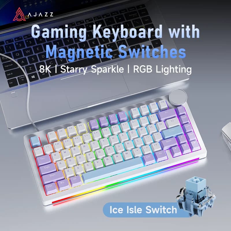 Ajazz AK820 V2 HE Wired 75% Hall Effect Gaming Keyboard, Rapid Trigger, 8000Hz Polling Rate, High Precision, Multi-mode Support, Dual RGB Light Strips, Metal Volume Knob, USB-C Port, Gasket Mount, for Gaming & Office