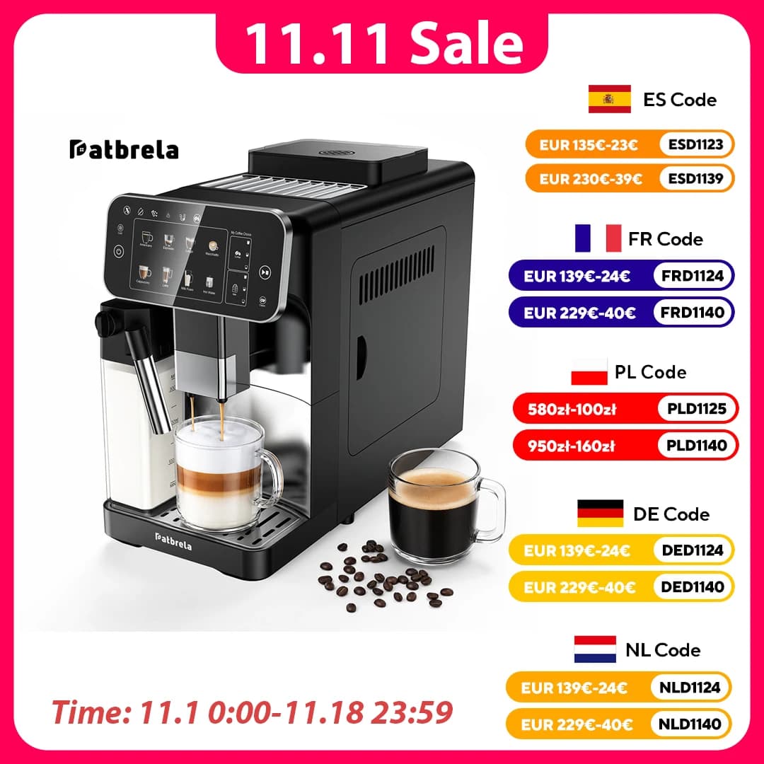 Patbrela Fully Automatic Coffee Machine with Milk Tank 20Bar Espresso Coffee Maker, Dual Boiler Independent Temp Control, Cold Brew, Touch Screen, Built-in Conical Burr Grinder for Home Office Latte C