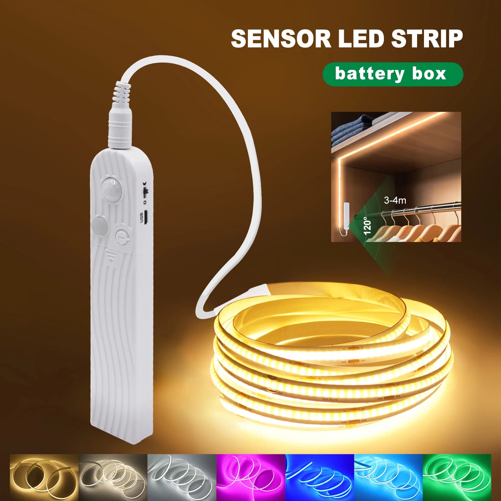 8MM COB Led Strip 5V with Motion Sensor Battery Powered 320LEDs/M USB Induction Night Light Warm White Red Ice Blue Green Yellow