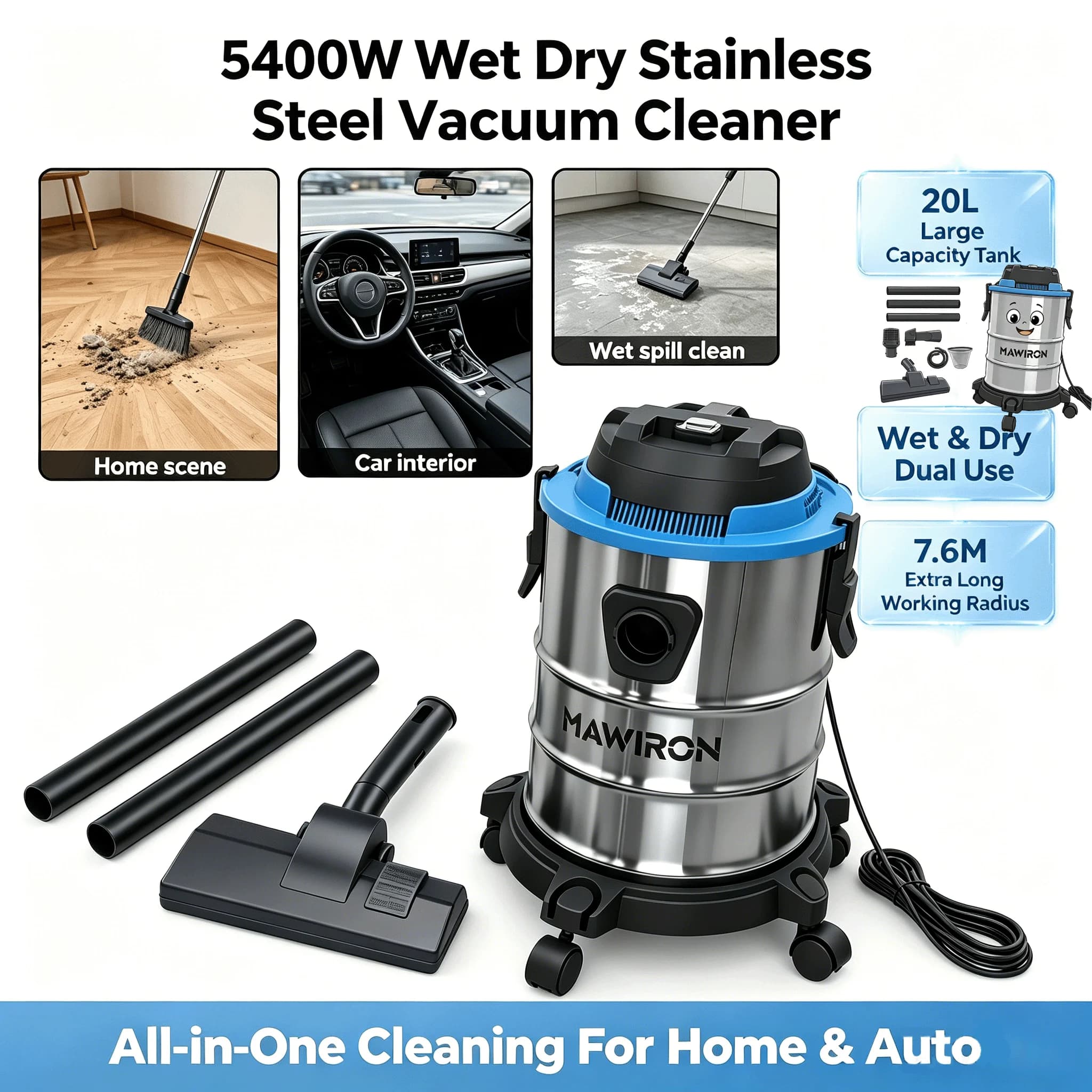 🔧 Heavy Duty Wet Dry Barrel Vacuum Cleaner Stainless Steel Bucket 5400W Powerful Suction Multi Scene Vacuum for Garage Workshop Car Interior Floor Stain & Dry Dust Removal