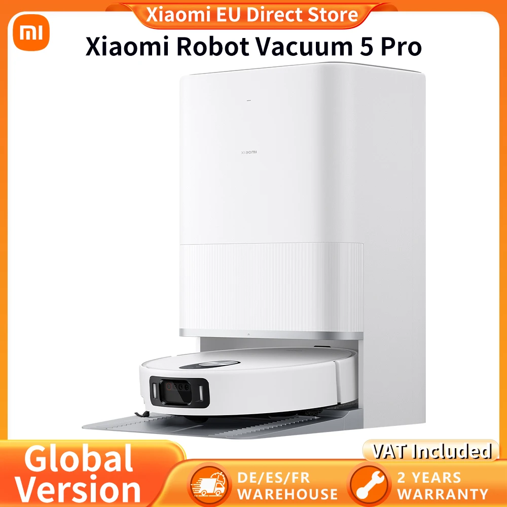 Global Version Xiaomi Robot Vacuum 5 Pro HD Video One-way Calls 20000Pa Suction Hassle-free Anti-tangle Vacuum Cleaner Self-cleaning Base Station Extendable Mopand Side Brush Smart Voice/APP Control (X20+ X20 MAX Super Upgrade）