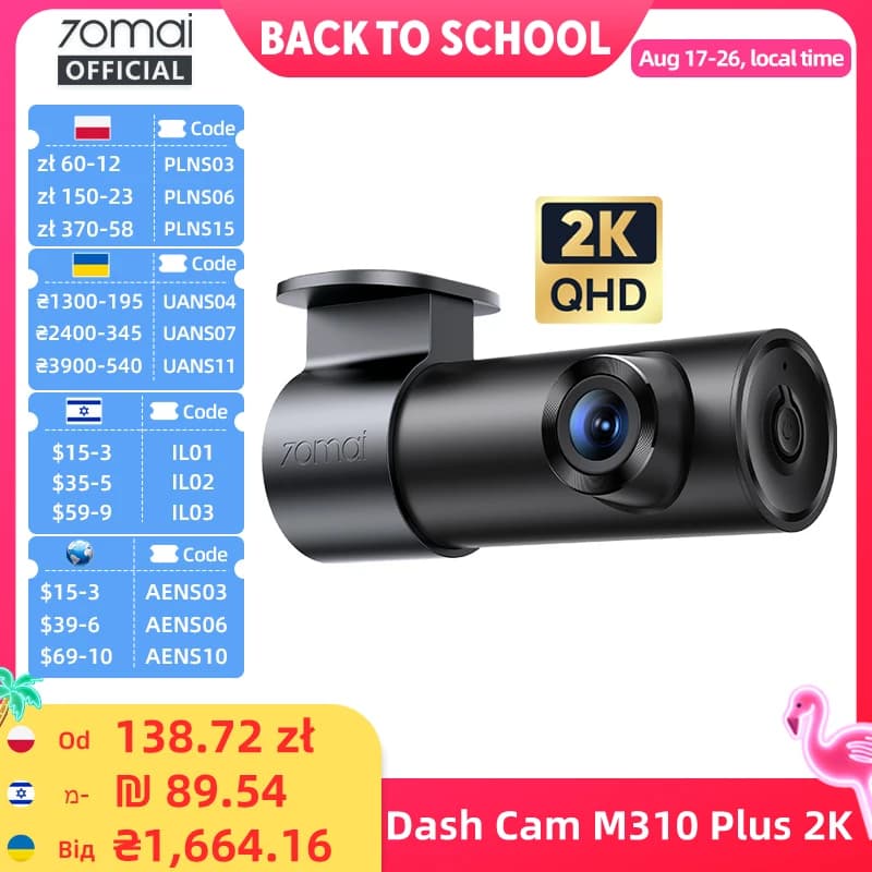 70mai M310 Plus 2K Dash Cam 1440P 143° FOV Night Vision Smart Voice Control 24H Parking Guard Car DVR Camera Mini Easy Install