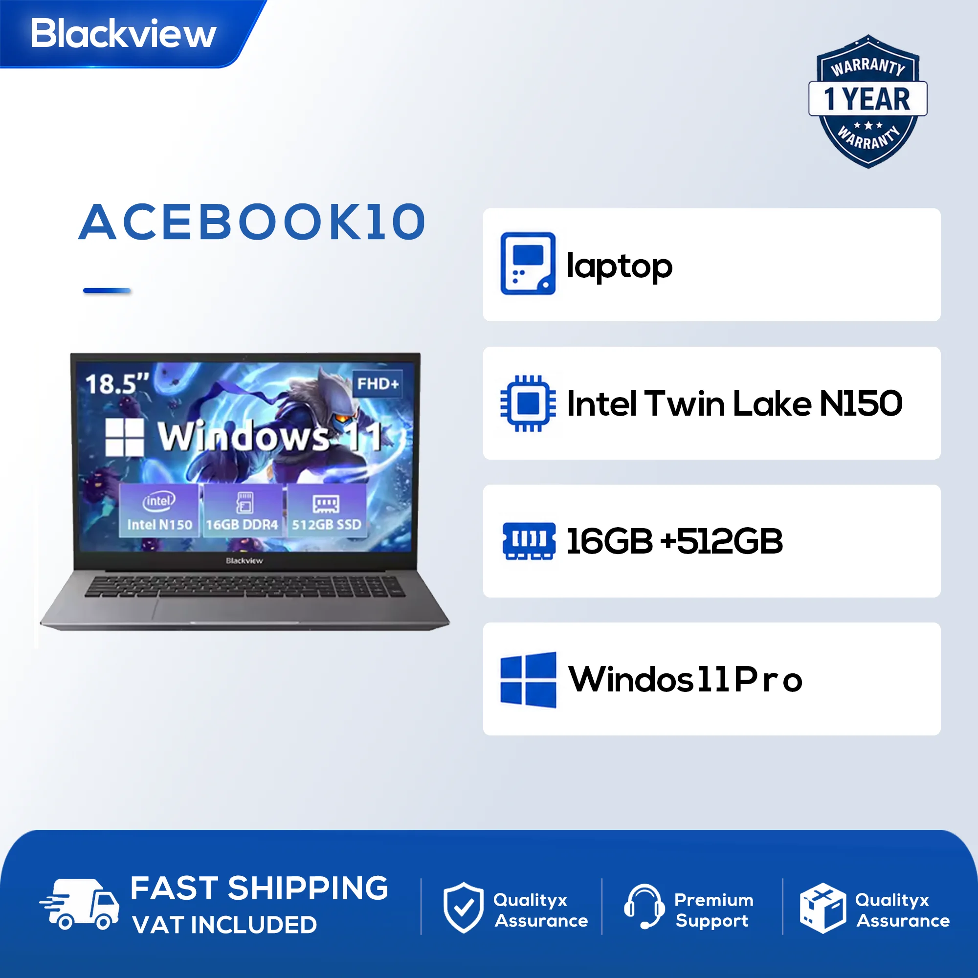 Blackview Acebook 10 Laptop Computer 18.5" FHD 8000mAh Intel N150 Windows 11 16GB RAM 512GB BT5.2 WiFi 6 Desktop
