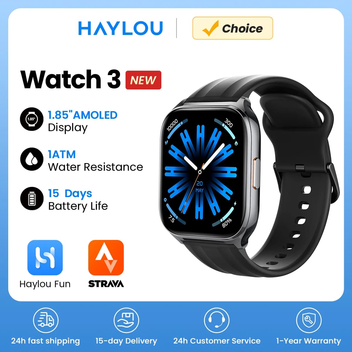 HAYLOU Watch 3 Voice Calling Smartwatch 1.85'' AMOLED Screen 24h Health Monitoring 150+ Sports Modes Smart Watch 1ATM Waterproof