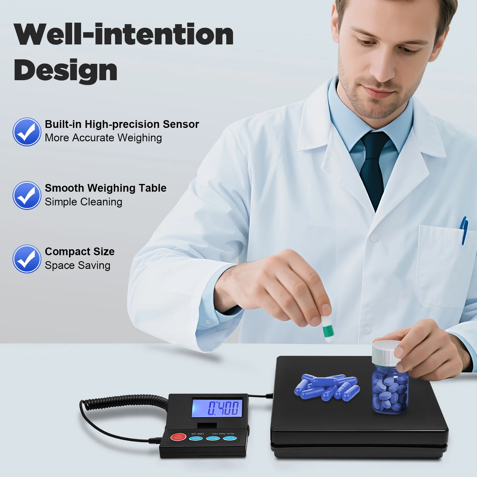 50kg Capcity Digital Scale with 1g Accuracy, Electronic Weighing Scale with LCD Blue Backlit Display for Kitchen Postal Workshop