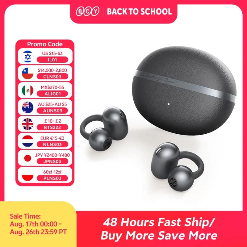 QCY Crossky C50 Clip Open Ear Wireless Earphones Lightweight Comfort 35H Playback IPX5 Bluetooth 6.0 for Sports Running and Work