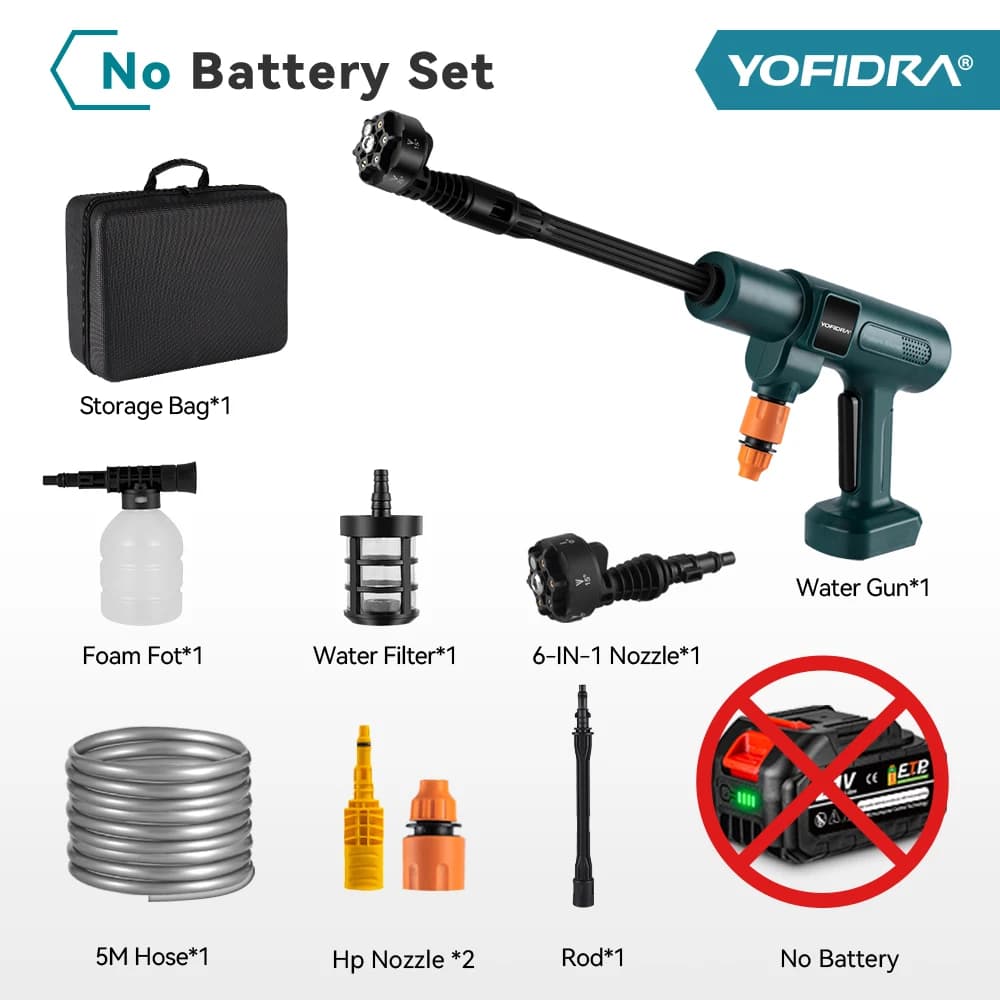 YOFIDRA 6 in 1 200Bar Brushless High Pressure Washer Cordless Water Gun with Bucket Car Cleaner Spray Gun for Makita Battery Pin