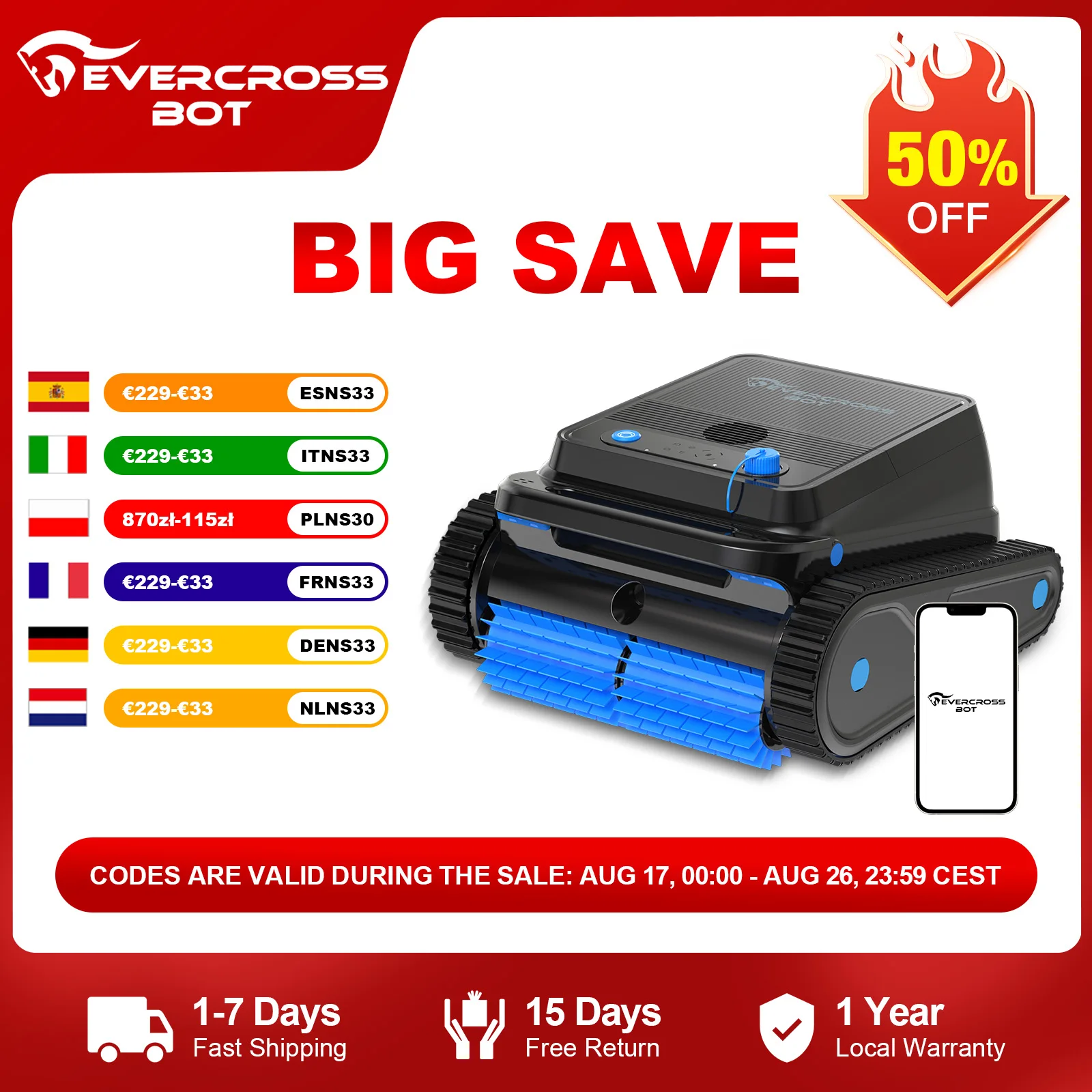 EVERCROSS BOT U8 Robotic Pool Cleaner with APP Control, 120 Min Battery Life, 200m² Cleaning Area, Intelligent Navigation, Self-Parking Function