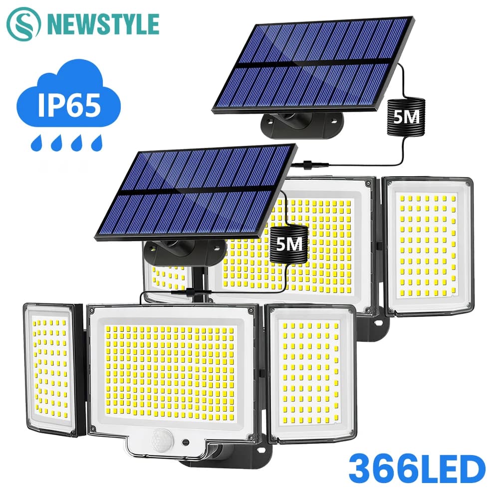 1-2PCS Outdoor Solar Light IP65 Waterproof 366LED LED Solar Flood Lights With Motion Sensor 3 Lighting Modes 3 Heads Security Light With Remote Control For Yard Outside Lighting