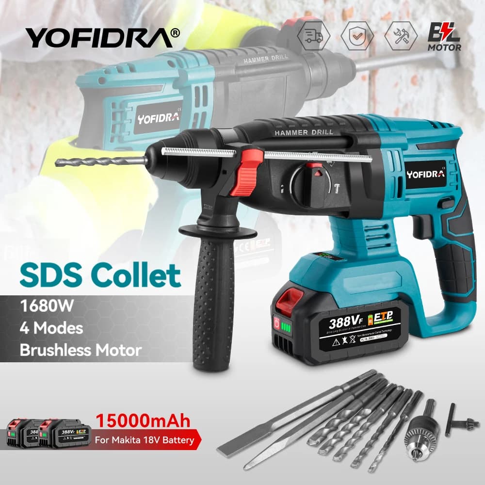YOFIDRA 26MM Brushless Electric Hammer Drill Multifunctional Rotary Cordless Rechargeable Power Tools For Makita 18V Battery Pin